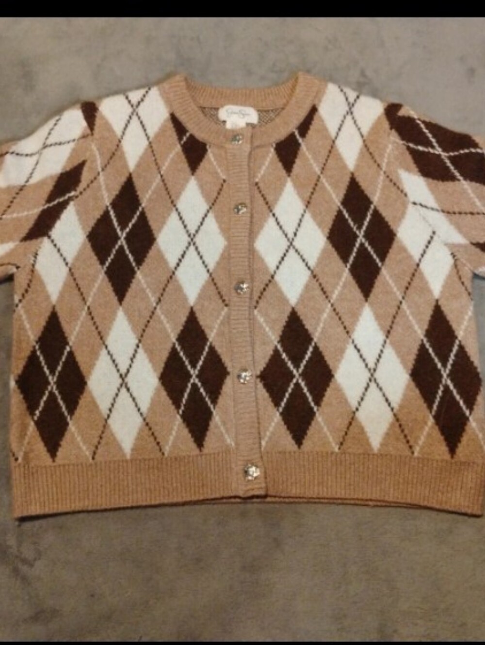 Jessica Simpson Argyle Button Down Cardigan Sweater Brown Cream - M